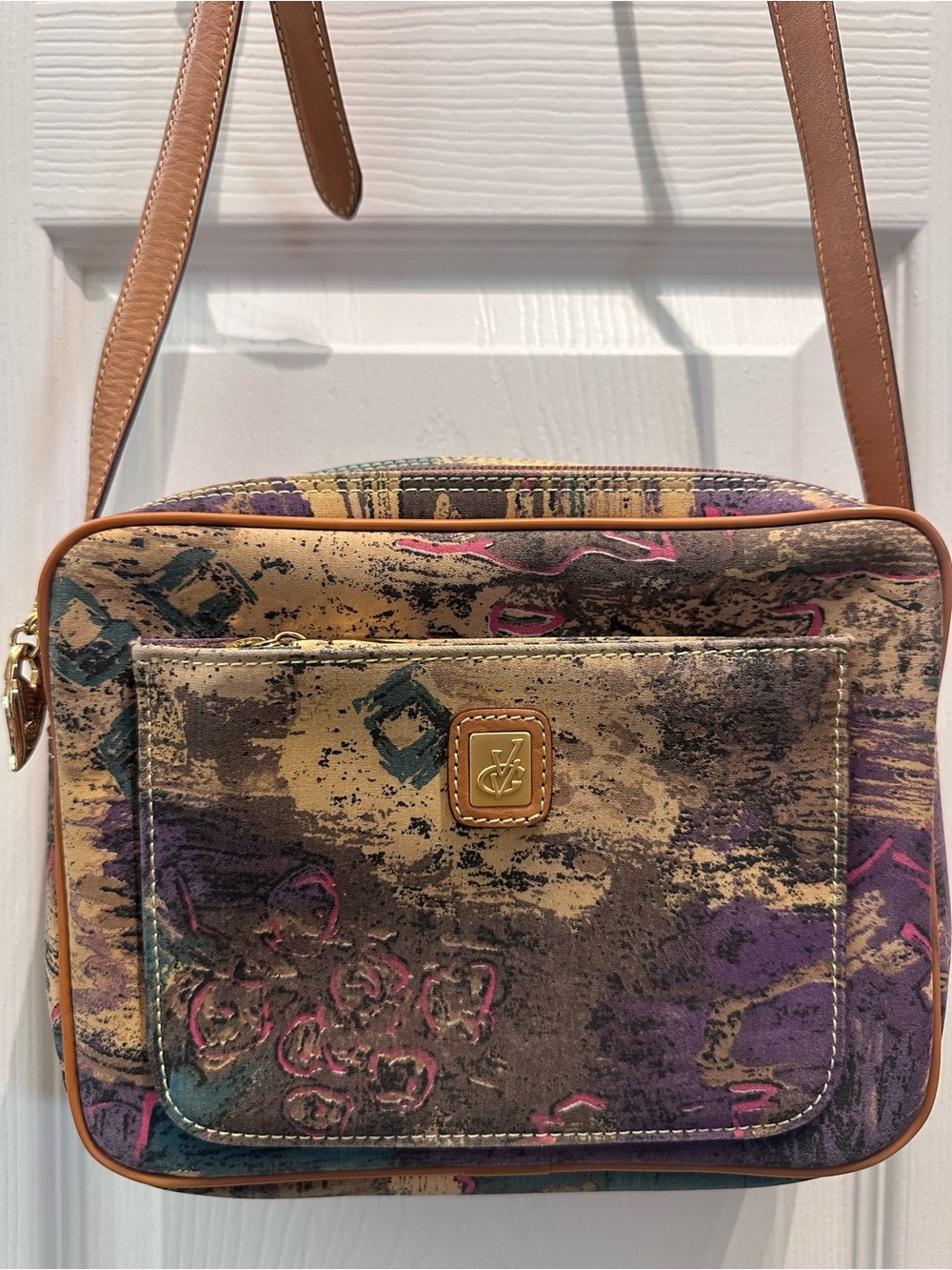 Vincent VanGogh Multicolor Abstract Canvas Crossbody with Tan Trim